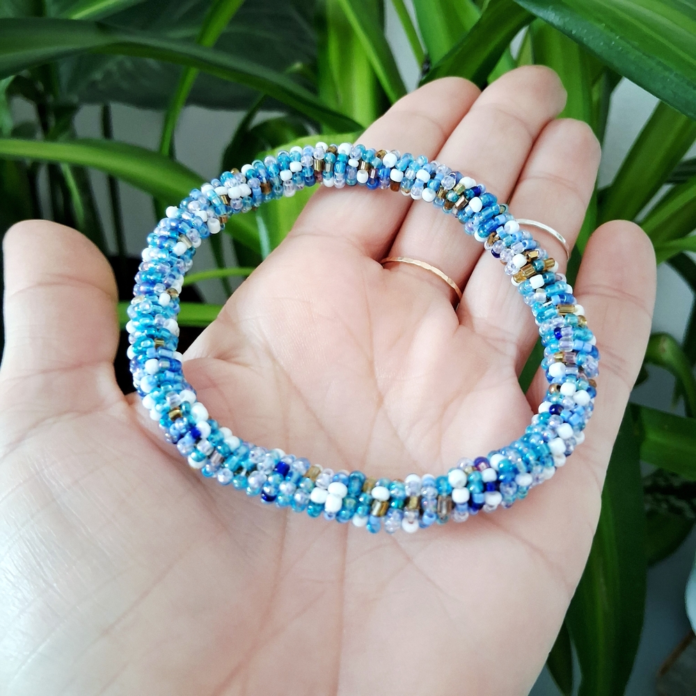Ocean Blue Beaded Rope Bangle Bracelet, One Size